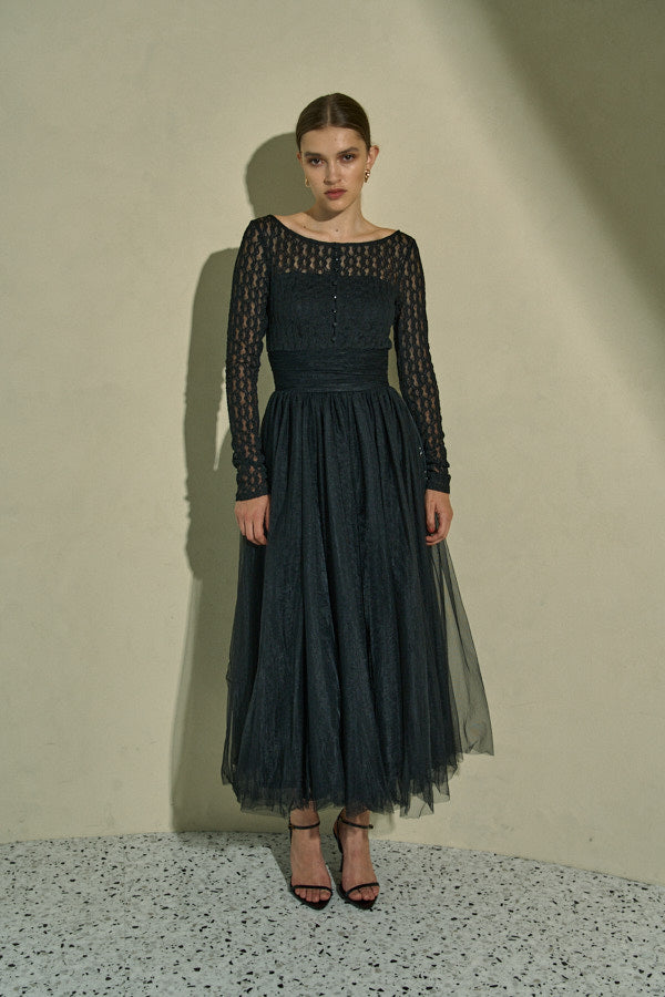 Ethereal Lace & Tulle One-piece  <br> -Black-