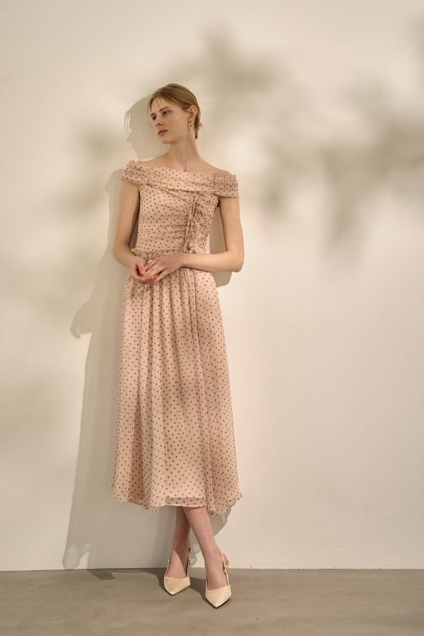 【Pre-order】 Asymmetric Off-Shoulder Drape One Piece <br> -Mauve×br dot-