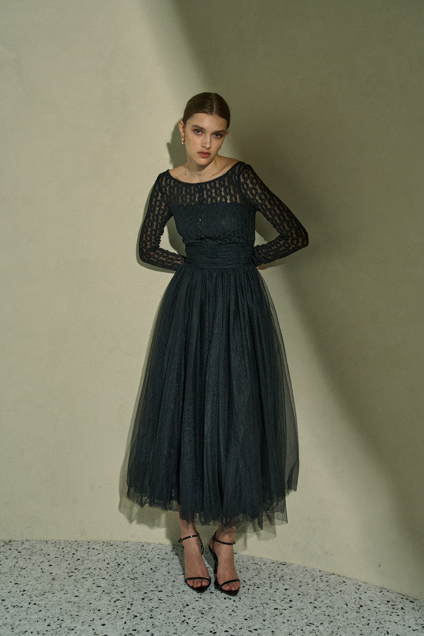 Ethereal Lace & Tulle One-piece  <br> -Black-