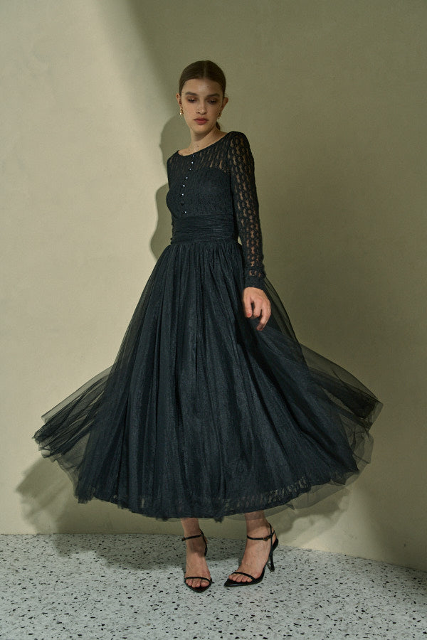 Ethereal Lace & Tulle One-piece  <br> -Black-