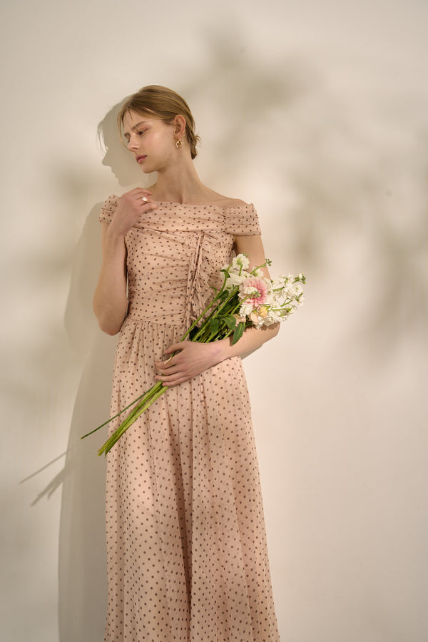 Asymmetric Off-Shoulder Drape One Piece <br> -Mauve×br dot-