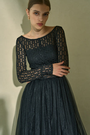 Ethereal Lace & Tulle One-piece  <br> -Black-