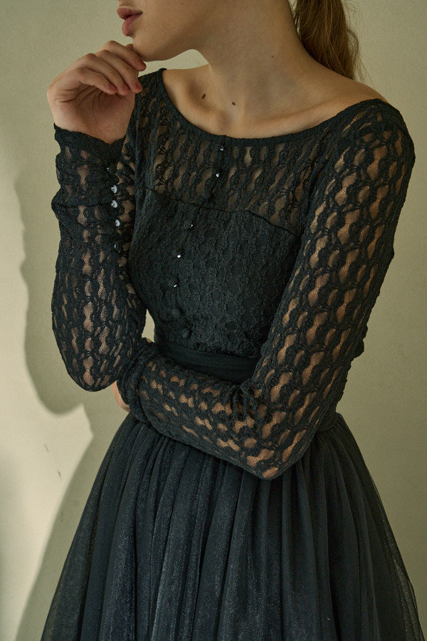 Ethereal Lace & Tulle One-piece  <br> -Black-