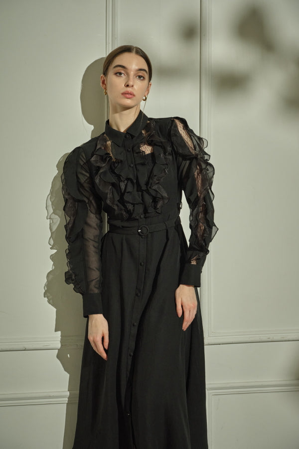 Sheer Cascade Shirt One-piece <br> -Black-