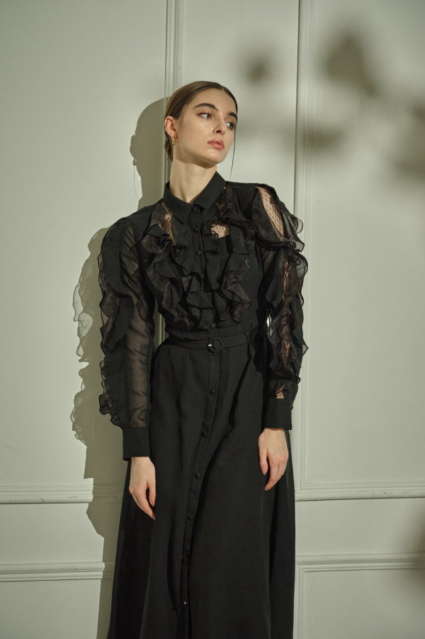9/8 19時予約開始<br>Sheer Cascade Shirt One-piece <br> -Black-