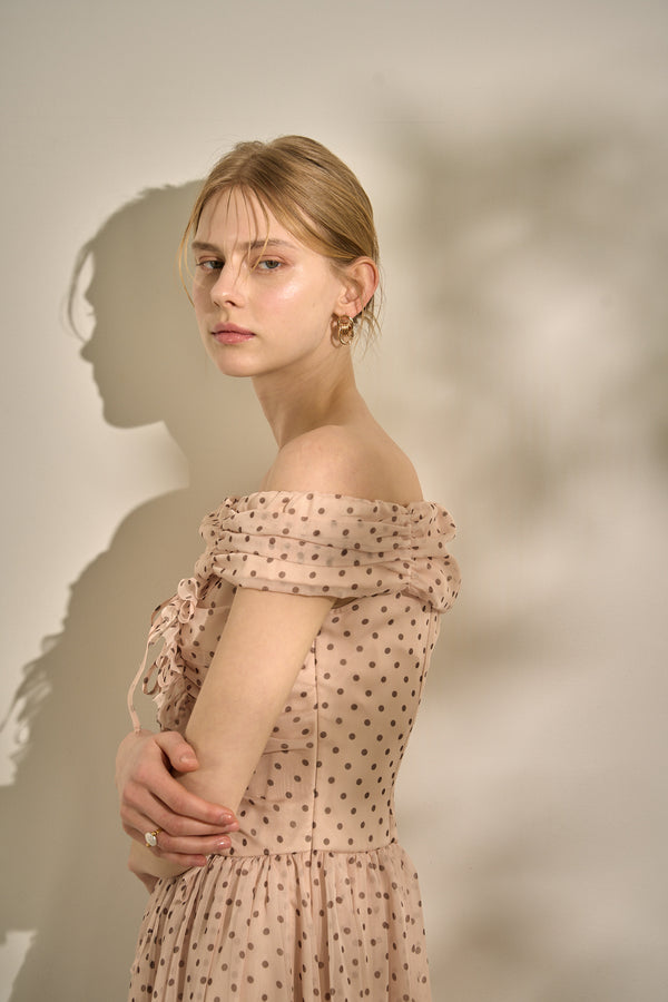 Asymmetric Off-Shoulder Drape One Piece <br> -Mauve×br dot-