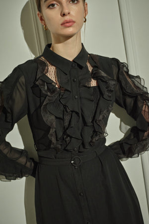 9/8 19時予約開始<br>Sheer Cascade Shirt One-piece <br> -Black-