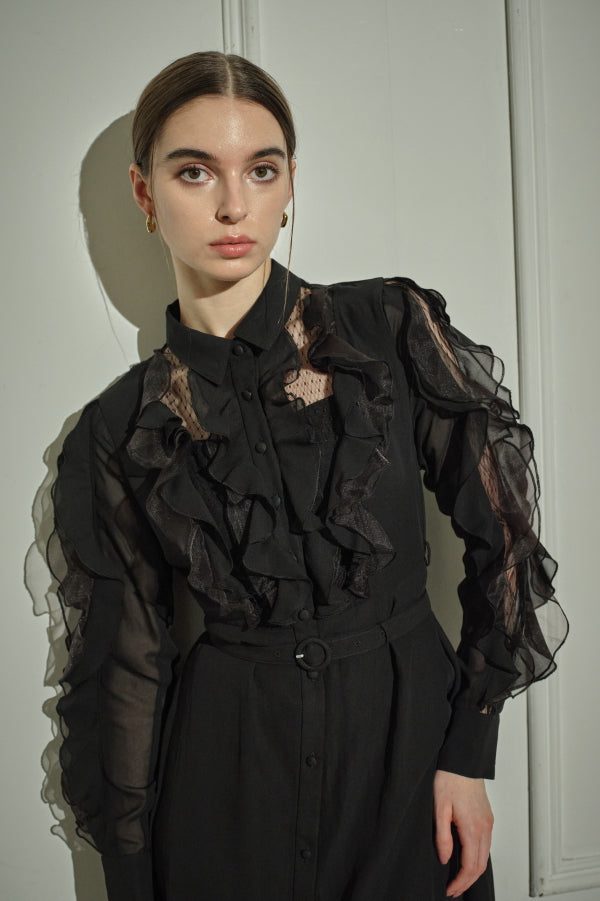 9/8 19時予約開始<br>Sheer Cascade Shirt One-piece <br> -Black-