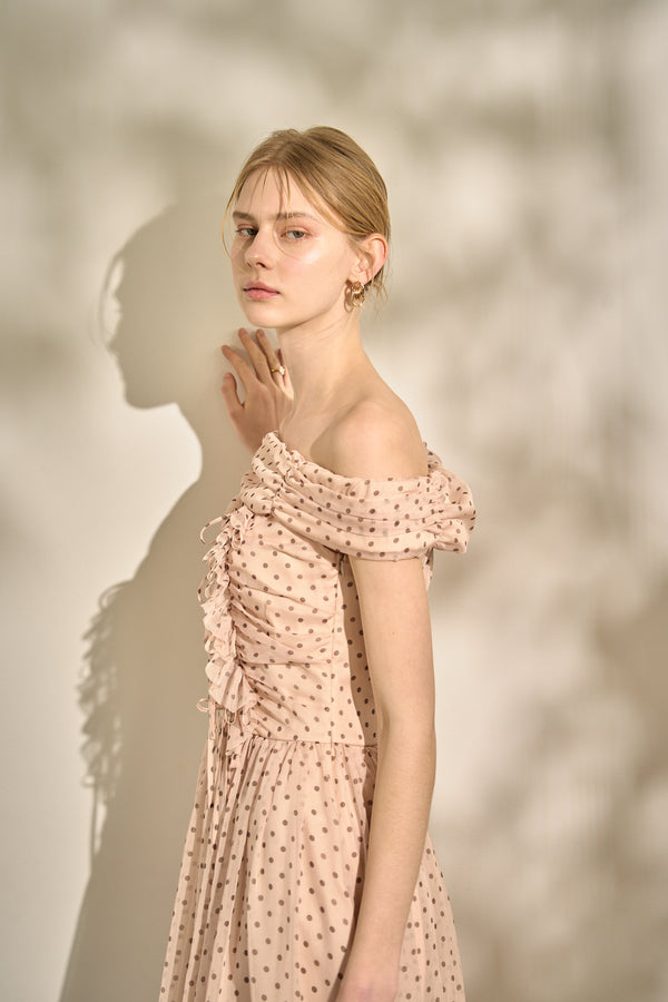 Asymmetric Off-Shoulder Drape One Piece <br> -Mauve×br dot-