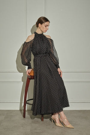 9/8 19時予約開始<br>Open Shoulder Dot Dress <br> -Black DOT-