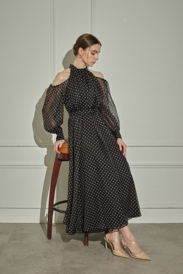 9/8 19時予約開始<br>Open Shoulder Dot Dress <br> -Black DOT-