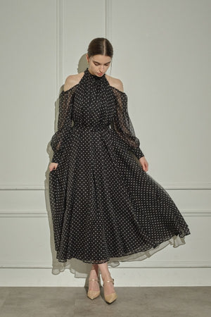 9/8 19時予約開始<br>Open Shoulder Dot Dress <br> -Black DOT-