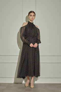 9/8 19時予約開始<br>Open Shoulder Dot Dress <br> -Black DOT-