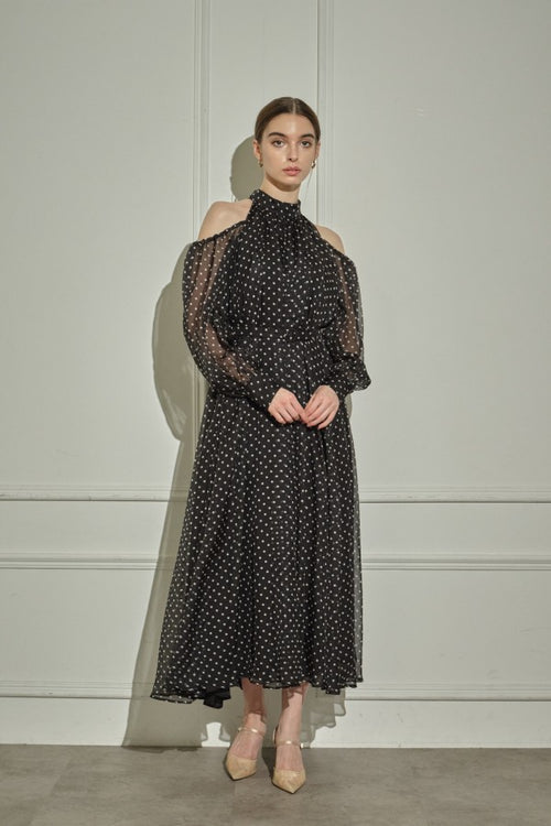 9/8 19時予約開始<br>Open Shoulder Dot Dress <br> -Black DOT-