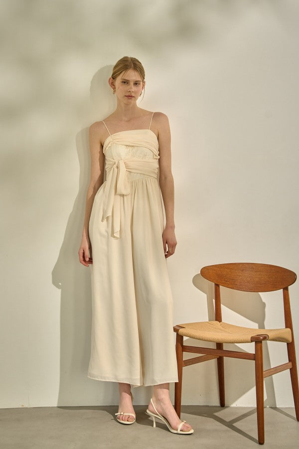 Lace Overlay Georgette Jumpsuit <br> -Ivory-