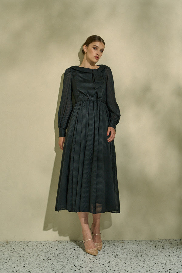 Asymmetrical Tie Satin Dress  <br> -Black-