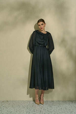 Asymmetrical Tie Satin Dress  <br> -Black-
