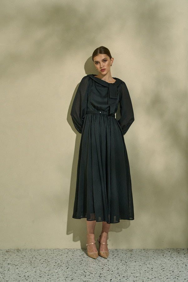 Asymmetrical Tie Satin Dress  <br> -Black-