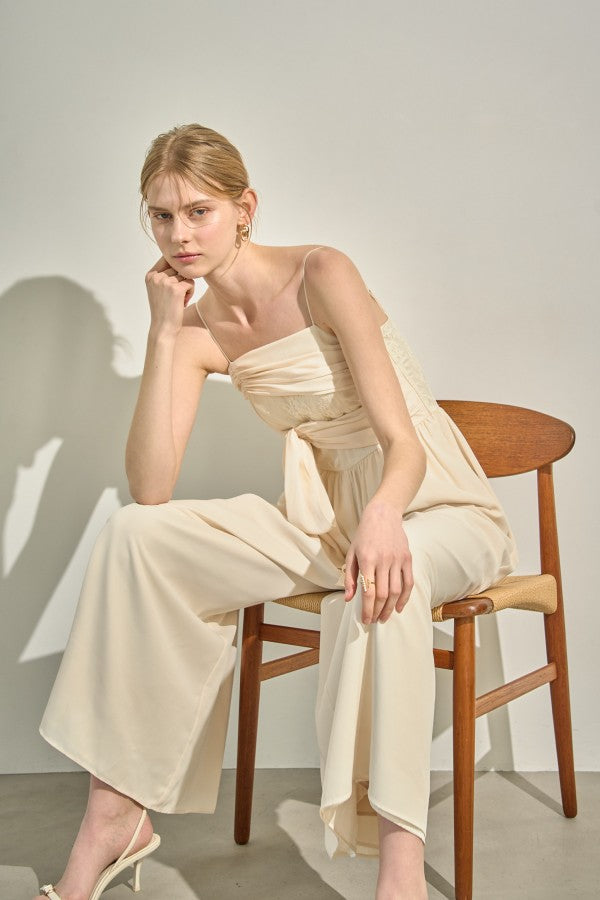 Lace Overlay Georgette Jumpsuit <br> -Ivory-