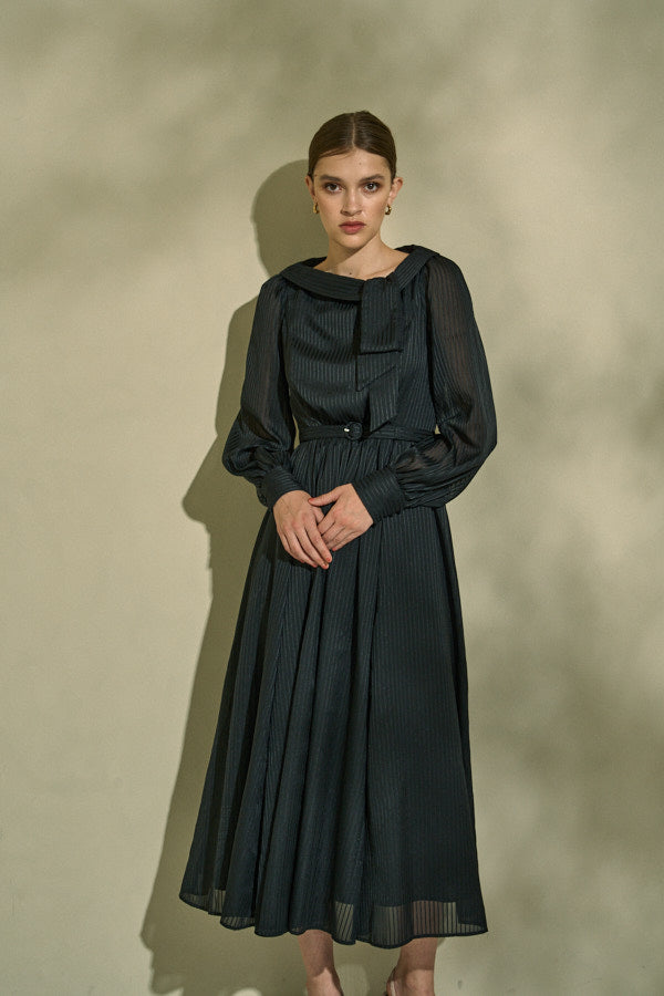Asymmetrical Tie Satin Dress  <br> -Black-