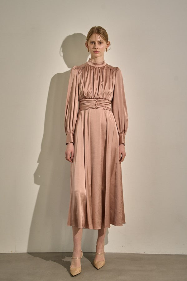 Satin Stand-Neck Long Dress <br> -Mauve-