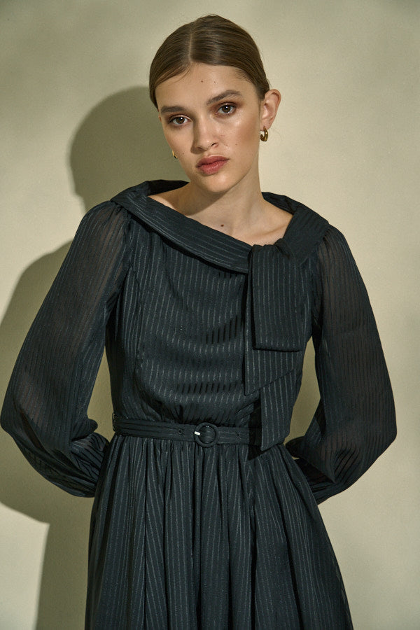 Asymmetrical Tie Satin Dress  <br> -Black-