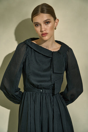 Asymmetrical Tie Satin Dress  <br> -Black-