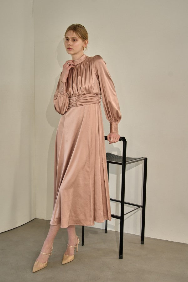 Satin Stand-Neck Long Dress <br> -Mauve-