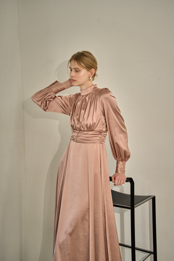 Satin Stand-Neck Long Dress <br> -Mauve-