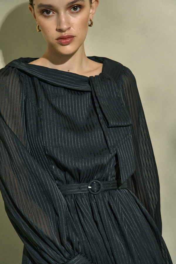 Asymmetrical Tie Satin Dress  <br> -Black-