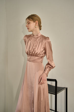Satin Stand-Neck Long Dress <br> -Mauve-