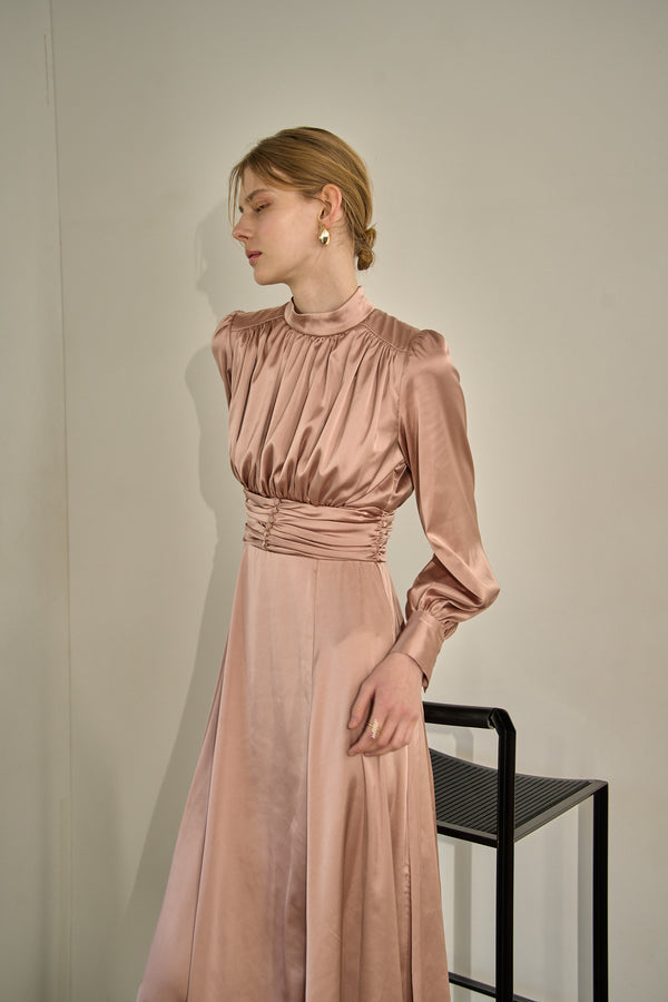 Satin Stand-Neck Long Dress <br> -Mauve-