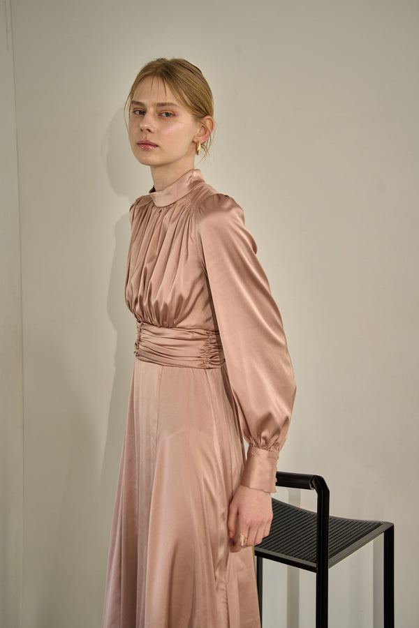 Satin Stand-Neck Long Dress <br> -Mauve-