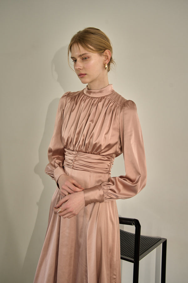 Satin Stand-Neck Long Dress <br> -Mauve-