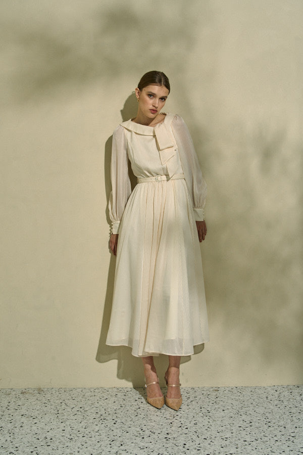 Asymmetrical Tie Satin Dress  <br> -Off white-