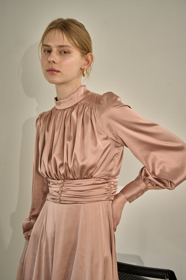 Satin Stand-Neck Long Dress <br> -Mauve-