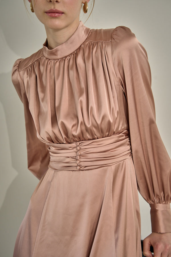 Satin Stand-Neck Long Dress <br> -Mauve-