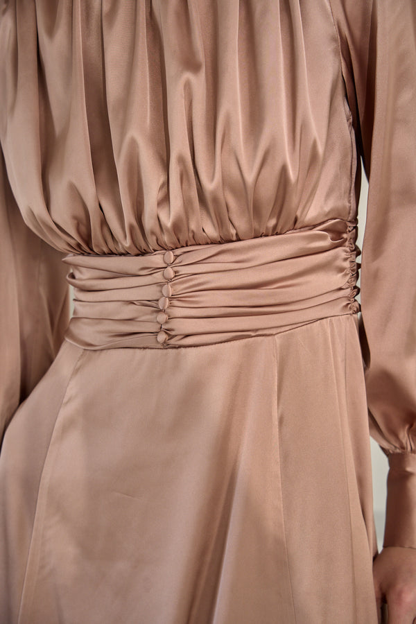 Satin Stand-Neck Long Dress <br> -Mauve-