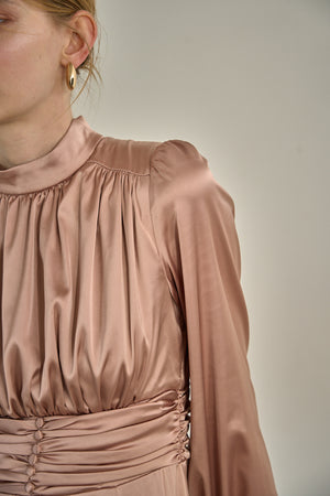 Satin Stand-Neck Long Dress <br> -Mauve-