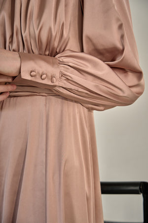 Satin Stand-Neck Long Dress <br> -Mauve-