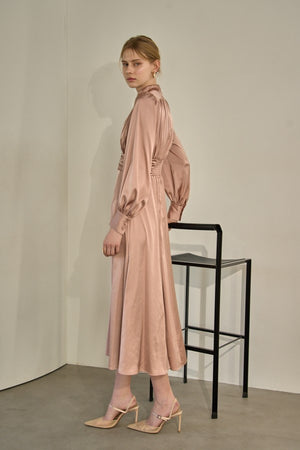 Satin Stand-Neck Long Dress <br> -Mauve-