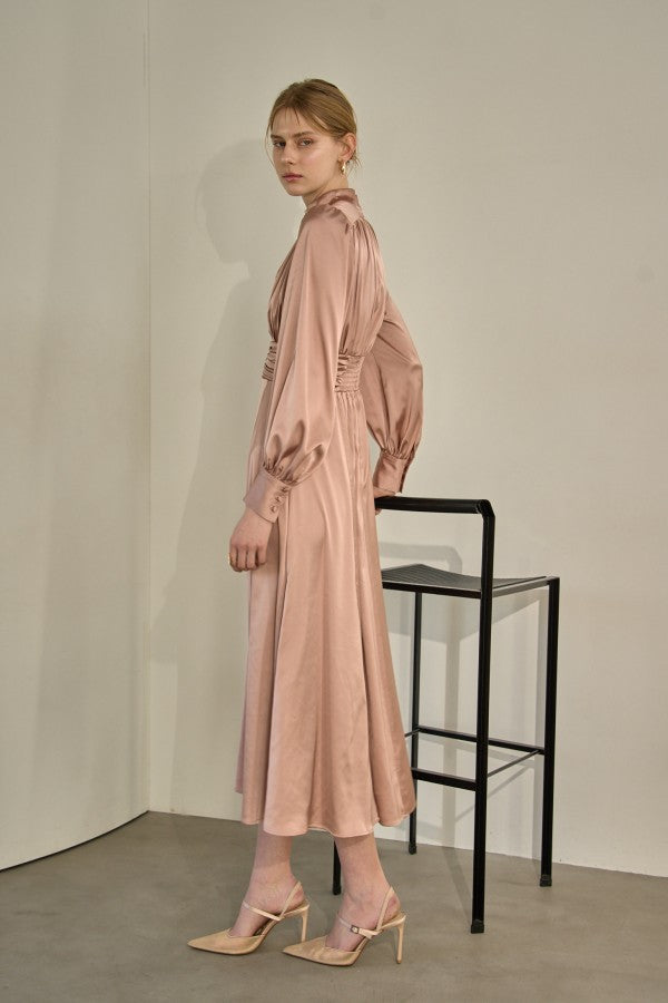 Satin Stand-Neck Long Dress <br> -Mauve-