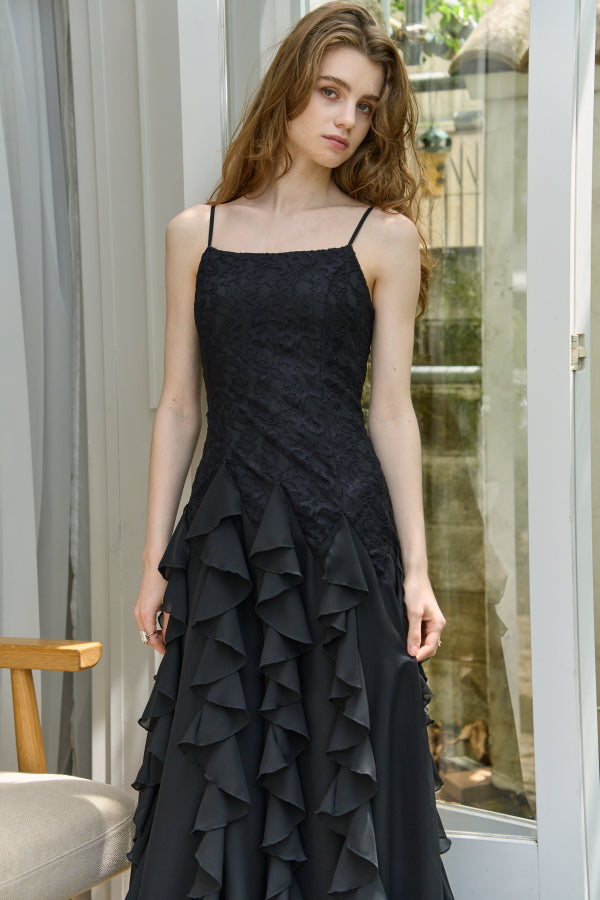 Ruffle Flow Dress <br> -Black-
