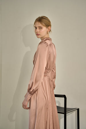 Satin Stand-Neck Long Dress <br> -Mauve-