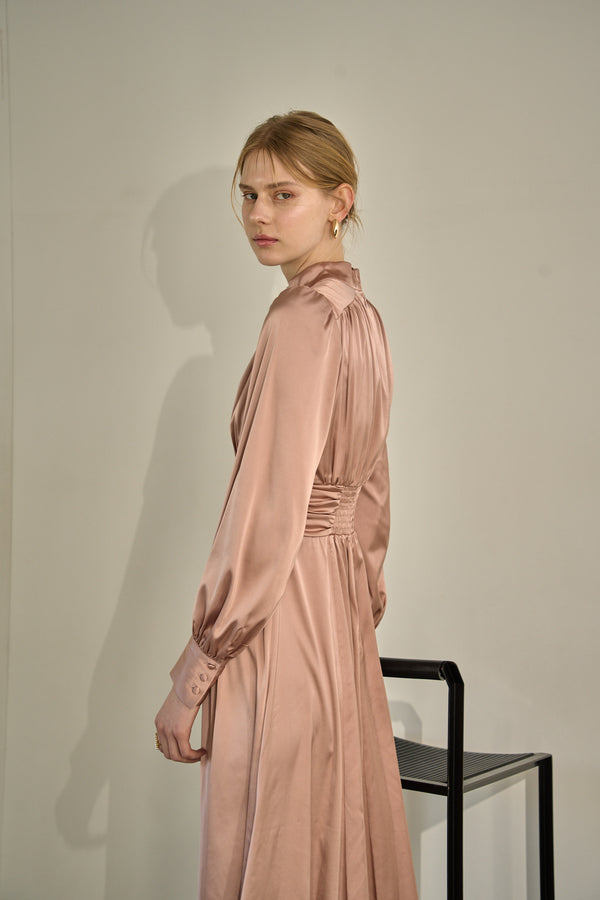 Satin Stand-Neck Long Dress <br> -Mauve-