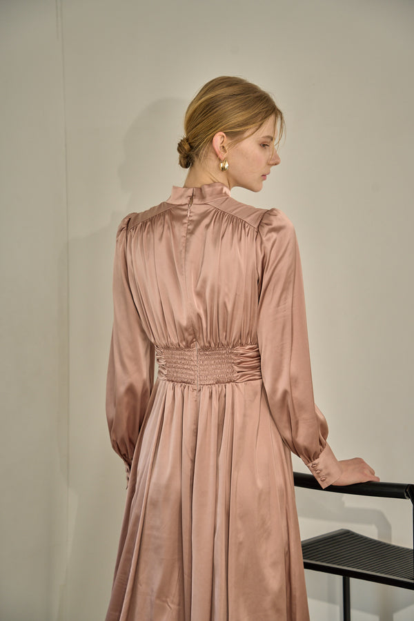 Satin Stand-Neck Long Dress <br> -Mauve-