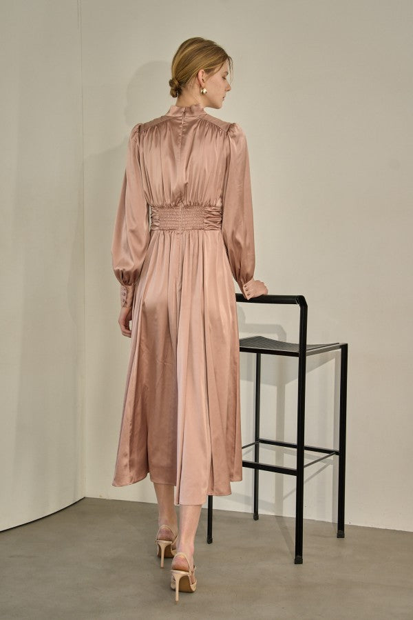 Satin Stand-Neck Long Dress <br> -Mauve-