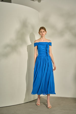 Asymmetric Off-Shoulder Drape One Piece <br> -Blue-
