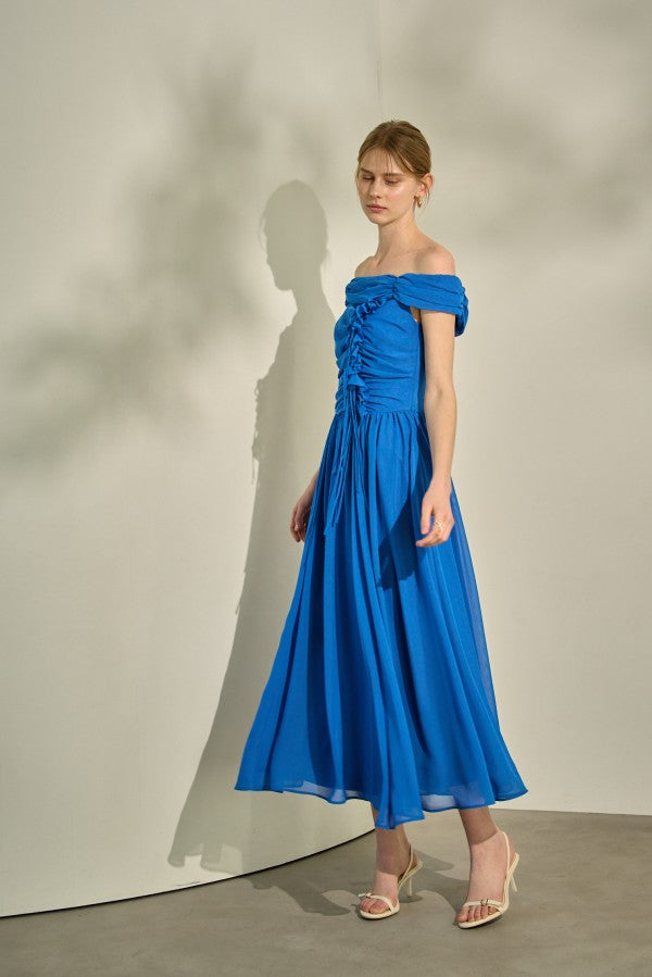 Asymmetric Off-Shoulder Drape One Piece <br> -Blue-