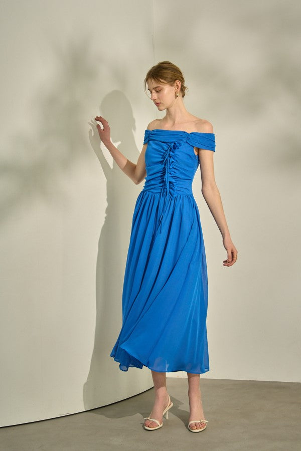 Asymmetric Off-Shoulder Draped One-Piece <br> -Blue-